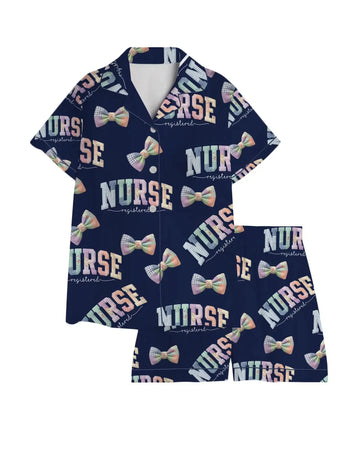 Registered Nurse Patchwork Varsity Bow Satin Pajama Set