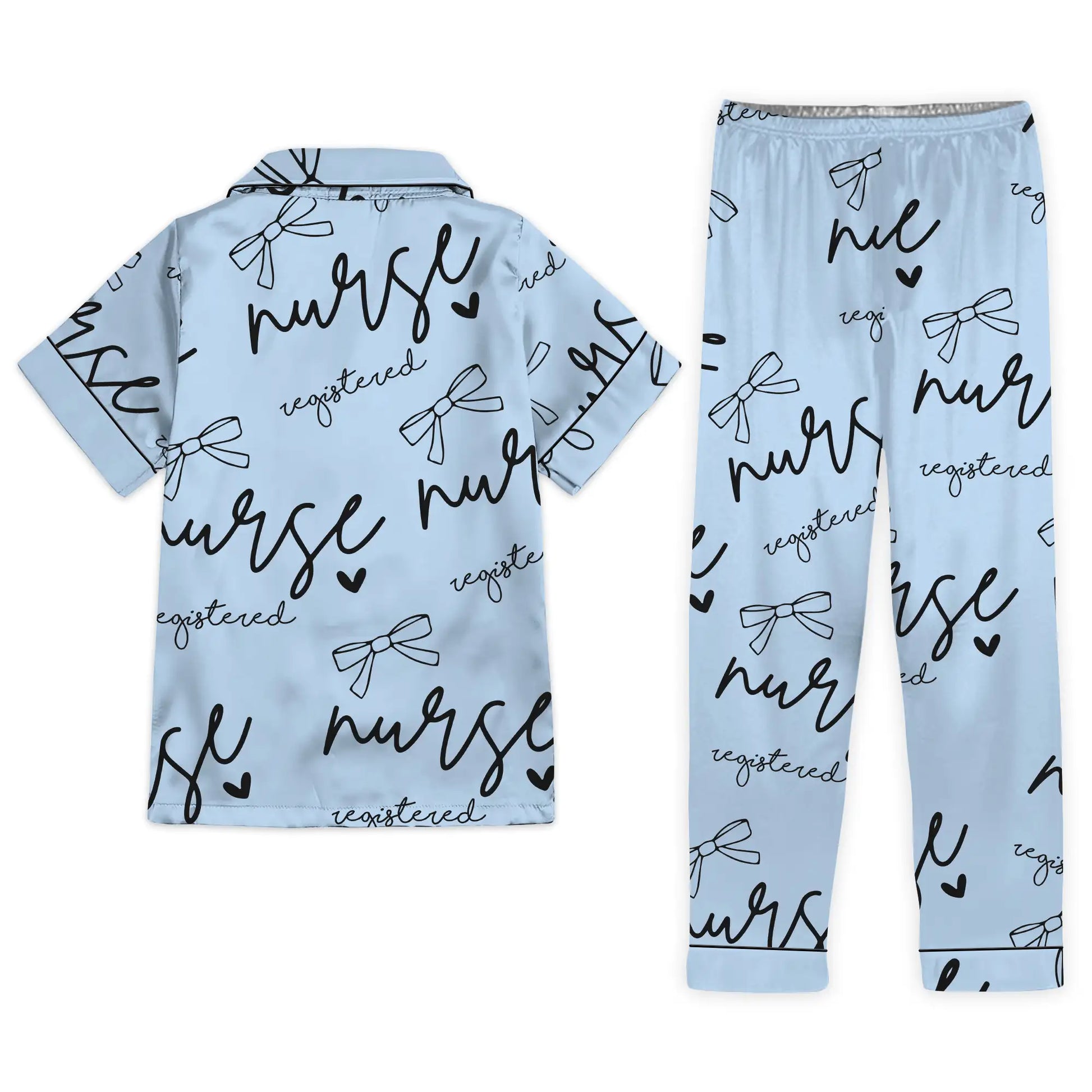 Nursehype Registered Nurse Script Heart Bow Baby Blue Satin Pajama Set