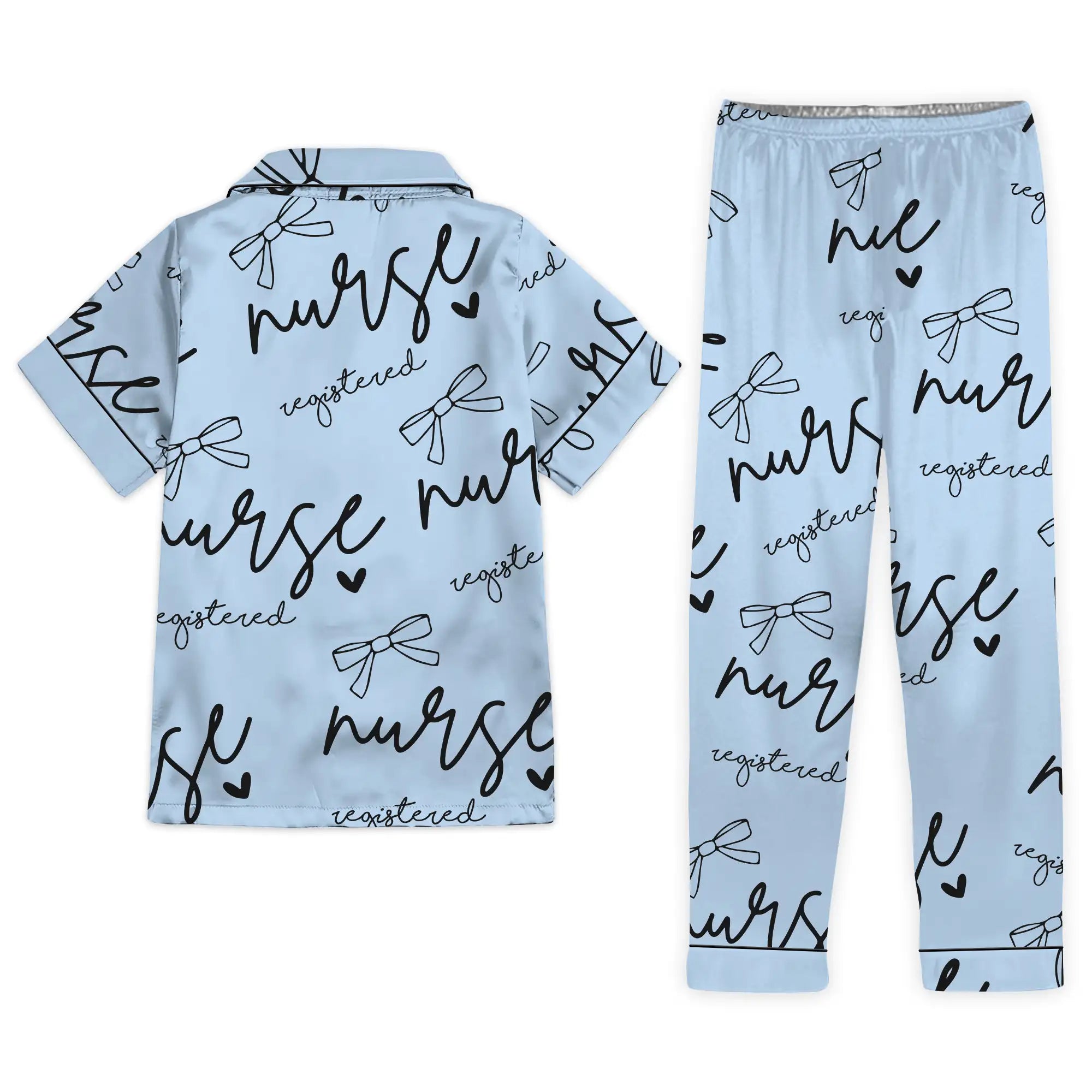 Nursehype Registered Nurse Script Heart Bow Baby Blue Satin Pajama Set