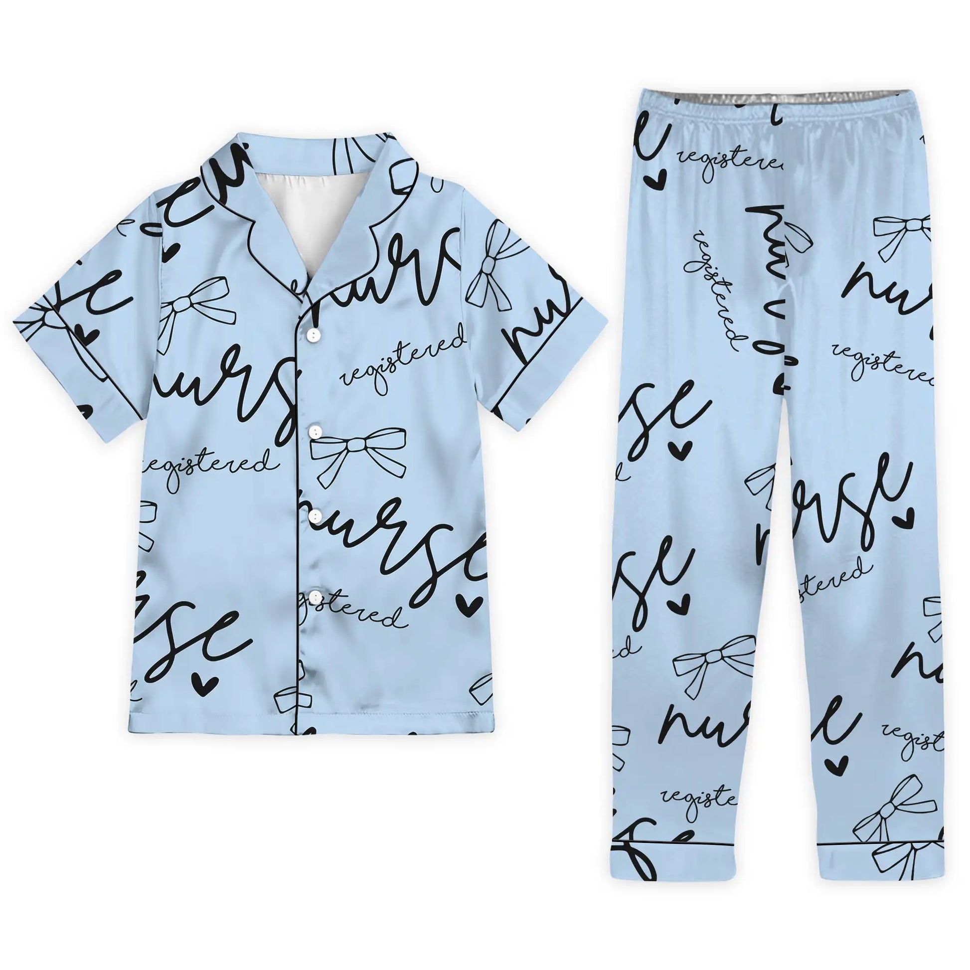 Nursehype Registered Nurse Script Heart Bow Baby Blue Satin Pajama Set