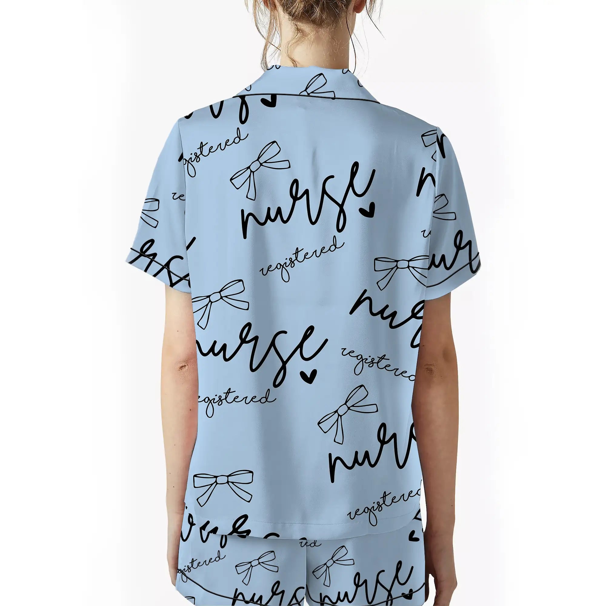 Nursehype Registered Nurse Script Heart Bow Baby Blue Satin Pajama Set