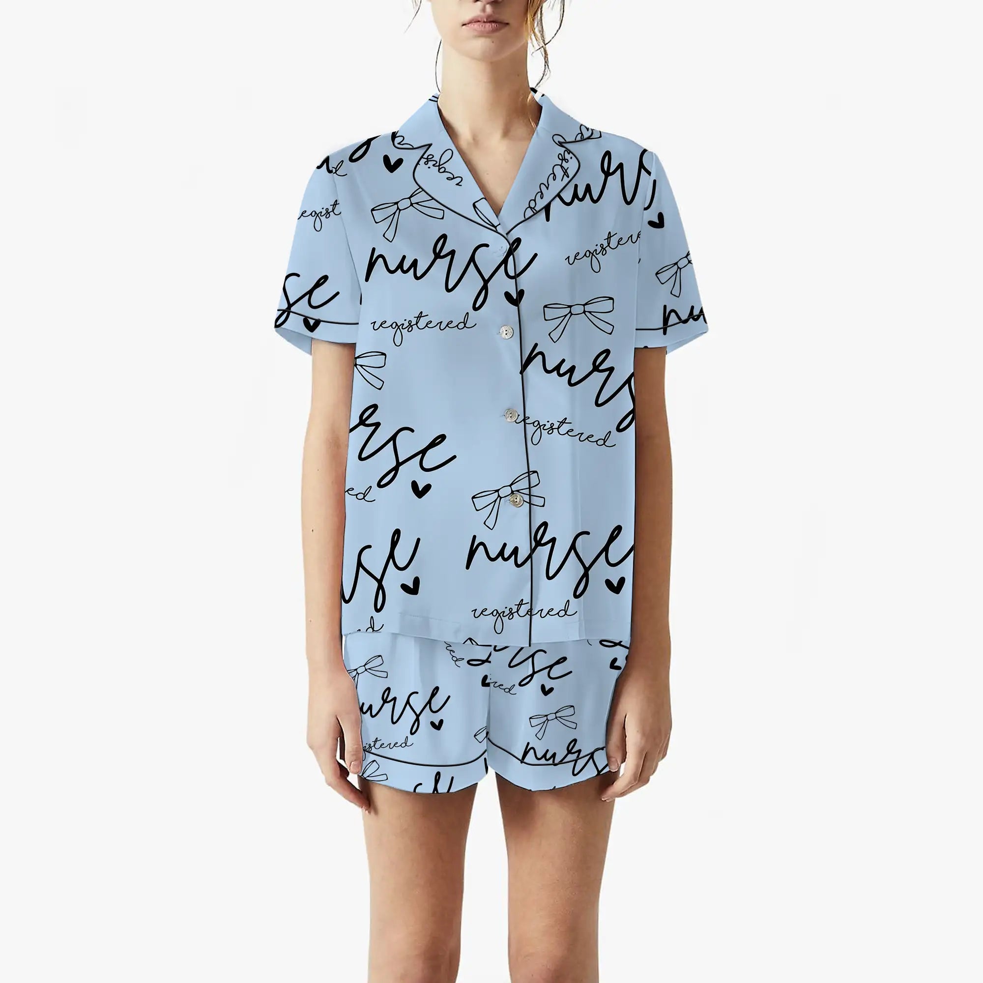 Nursehype Registered Nurse Script Heart Bow Baby Blue Satin Pajama Set