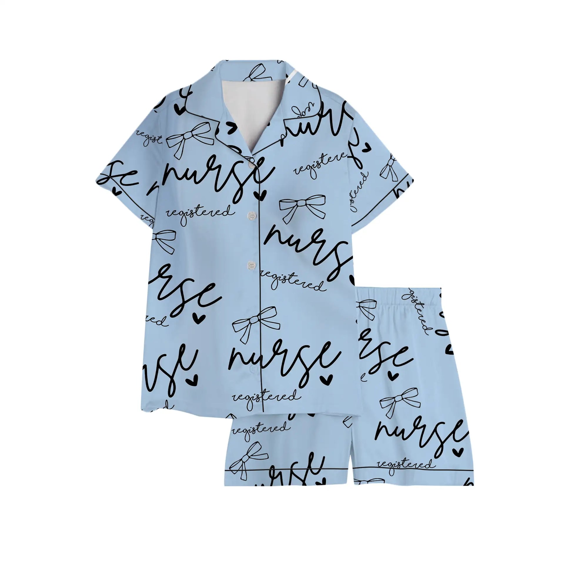 Nursehype Registered Nurse Script Heart Bow Baby Blue Satin Pajama Set