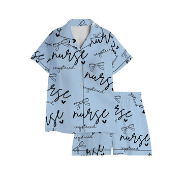 Nursehype Registered Nurse Script Heart Bow Baby Blue Satin Pajama Set