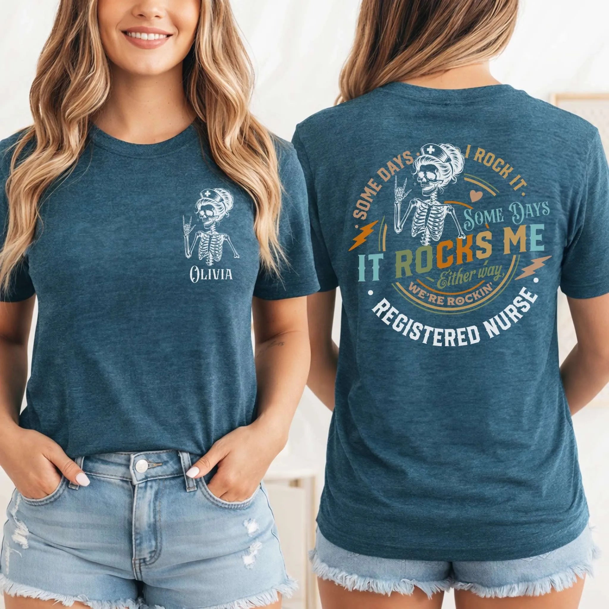 RN Registered Nurse Rocker Skeleton Personalized Nurse Tee