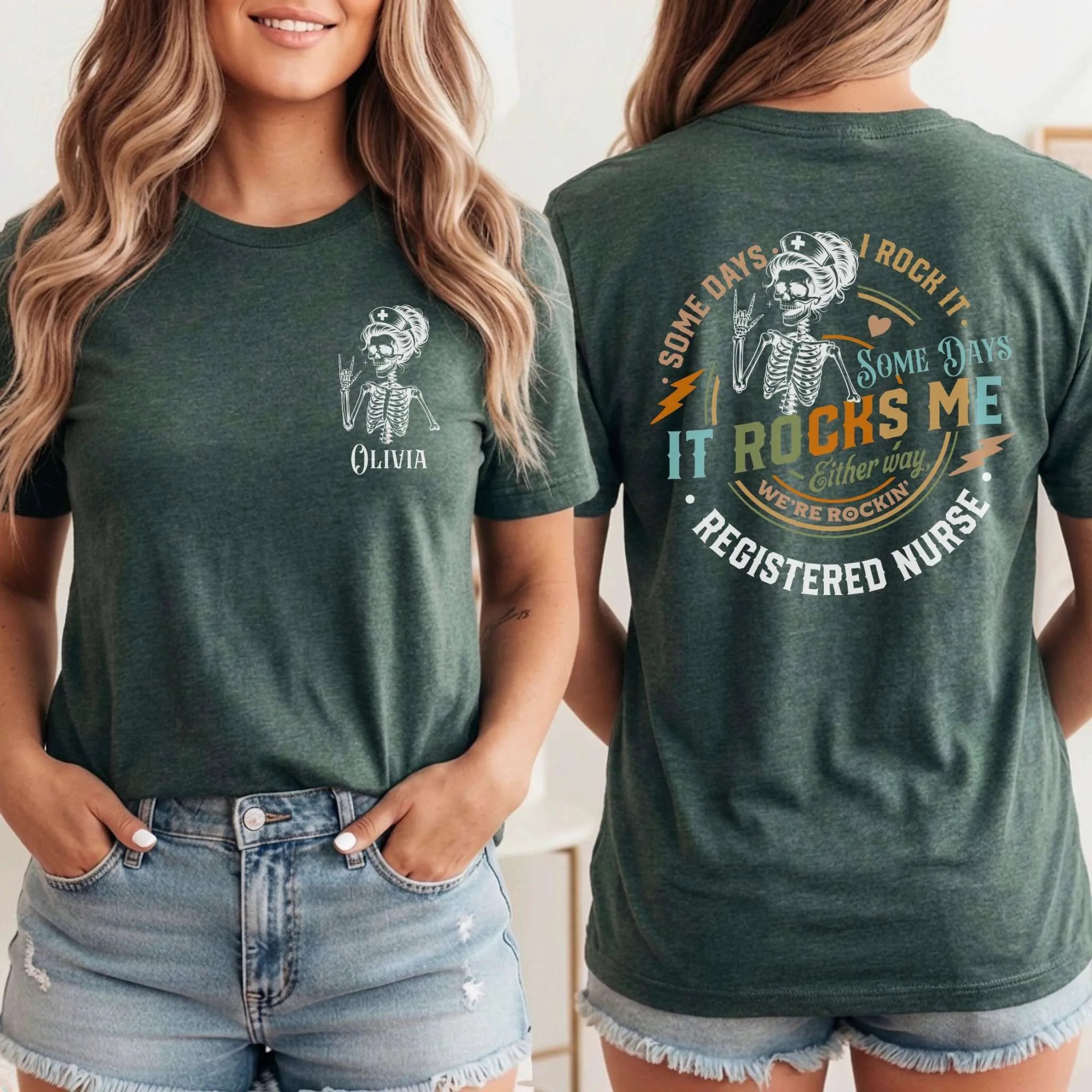 RN Registered Nurse Rocker Skeleton Personalized Nurse Tee