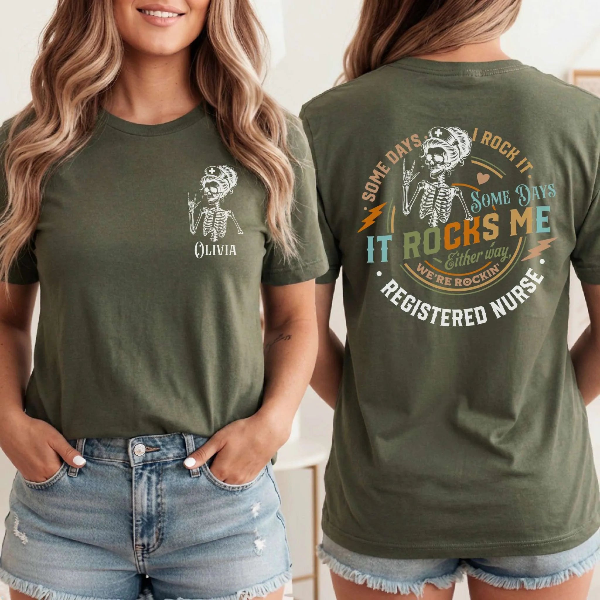 RN Registered Nurse Rocker Skeleton Personalized Nurse Tee