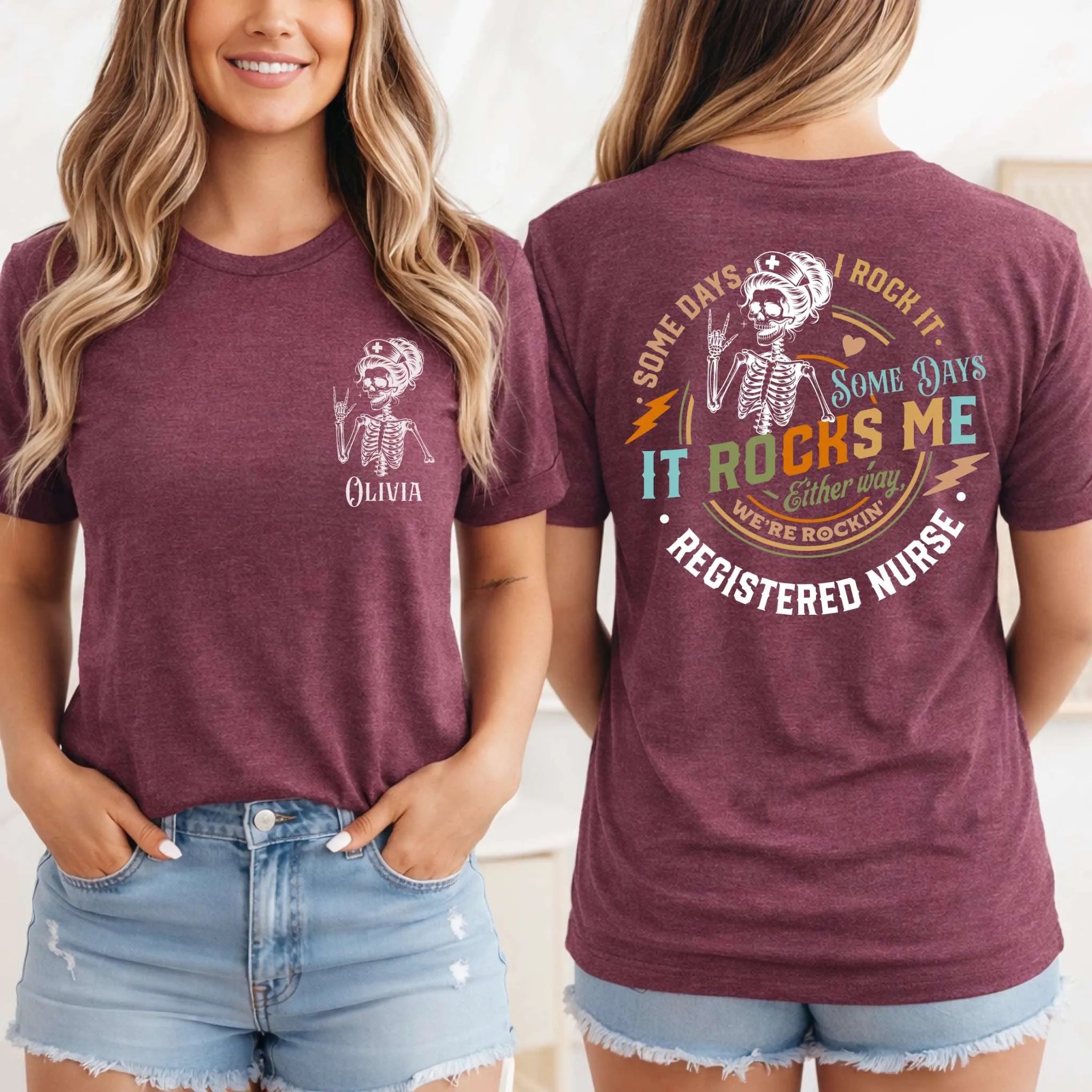RN Registered Nurse Rocker Skeleton Personalized Nurse Tee