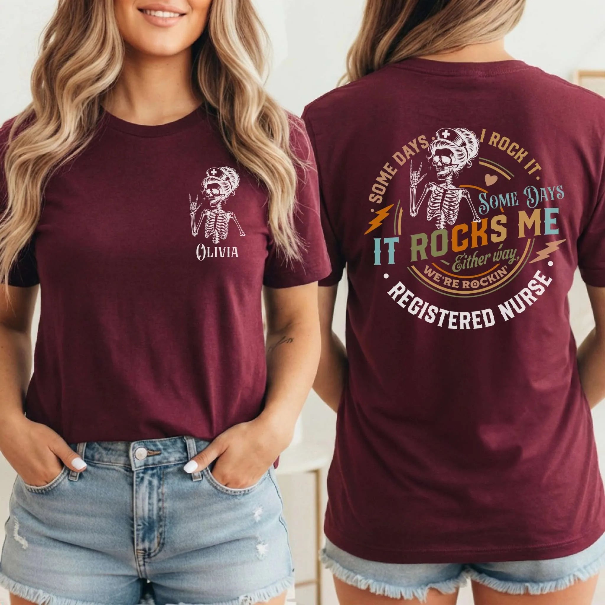 RN Registered Nurse Rocker Skeleton Personalized Nurse Tee
