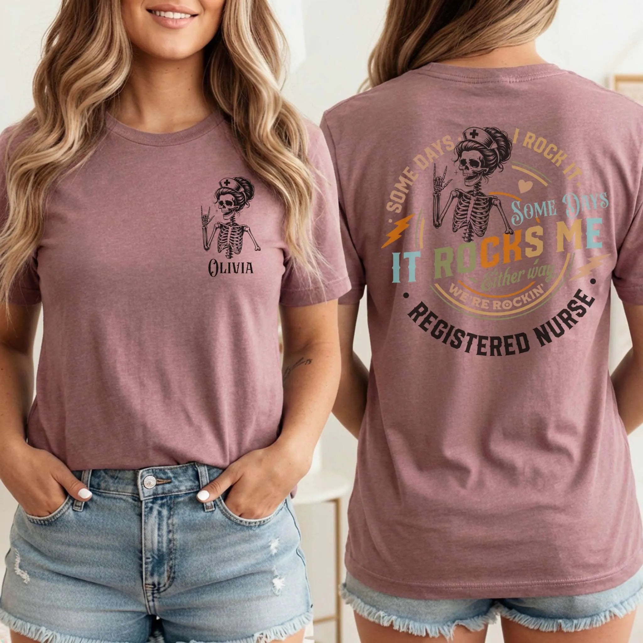RN Registered Nurse Rocker Skeleton Personalized Nurse Tee