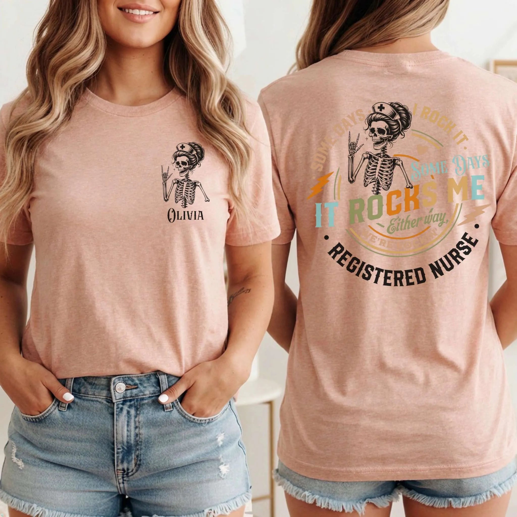 RN Registered Nurse Rocker Skeleton Personalized Nurse Tee