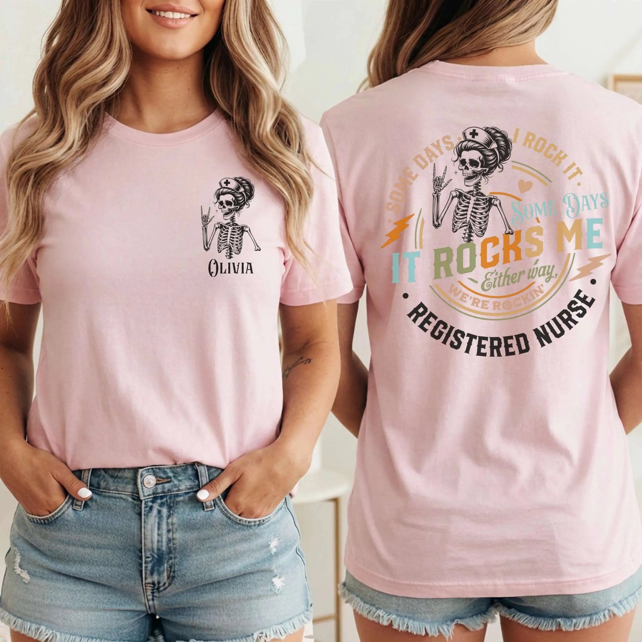 RN Registered Nurse Rocker Skeleton Personalized Nurse Tee
