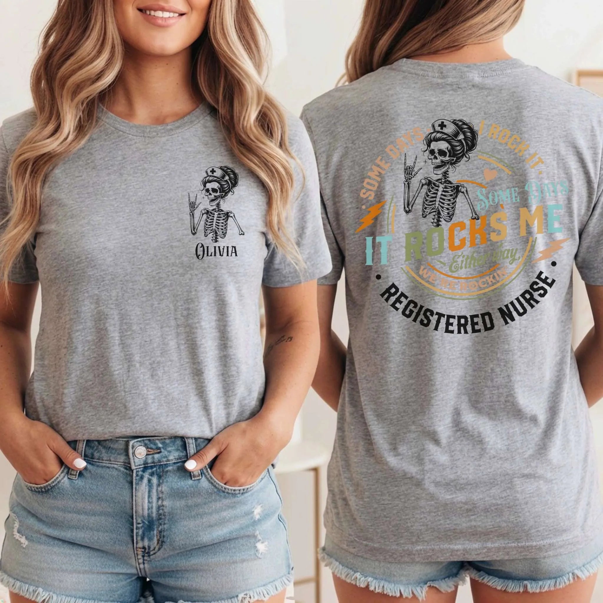 RN Registered Nurse Rocker Skeleton Personalized Nurse Tee