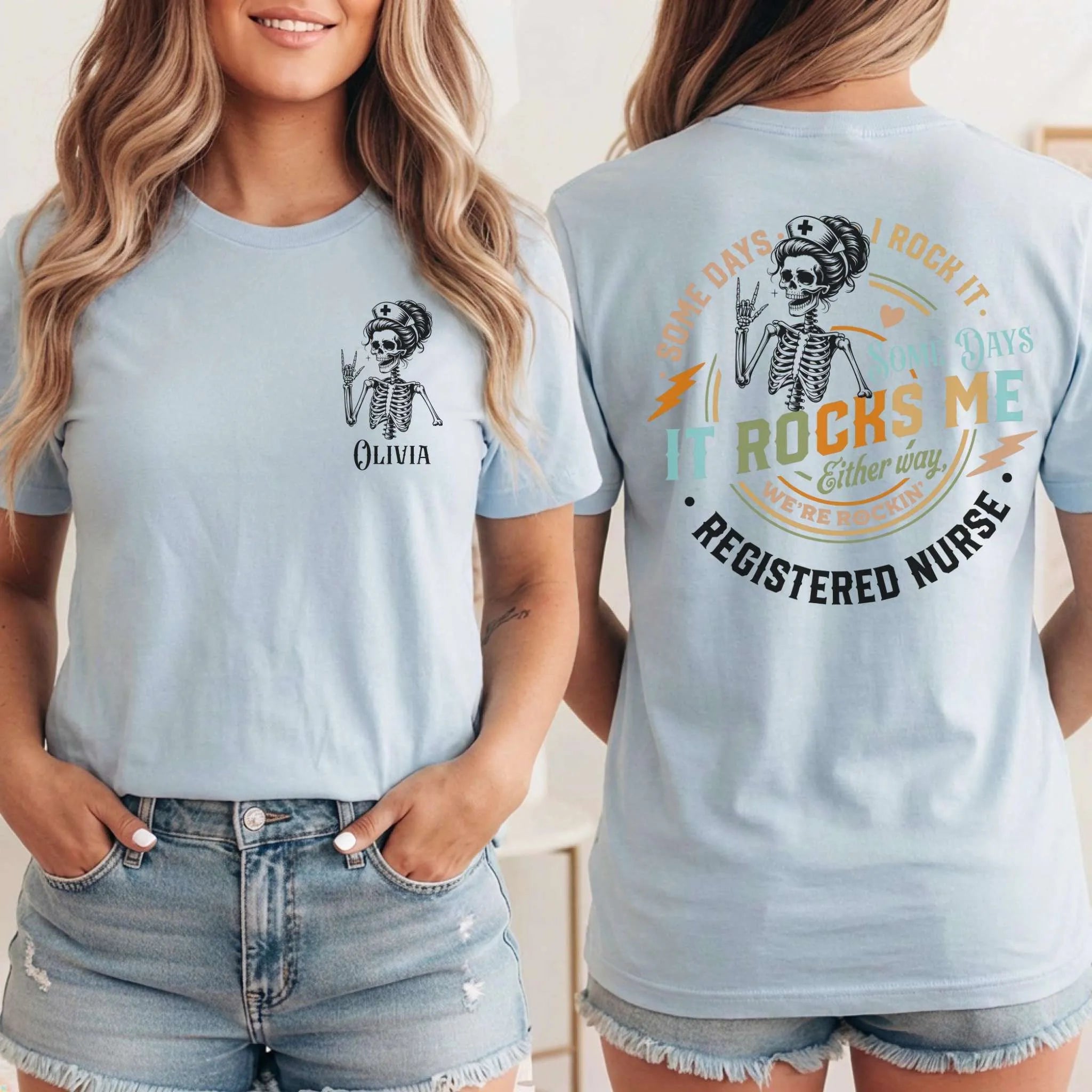 RN Registered Nurse Rocker Skeleton Personalized Nurse Tee