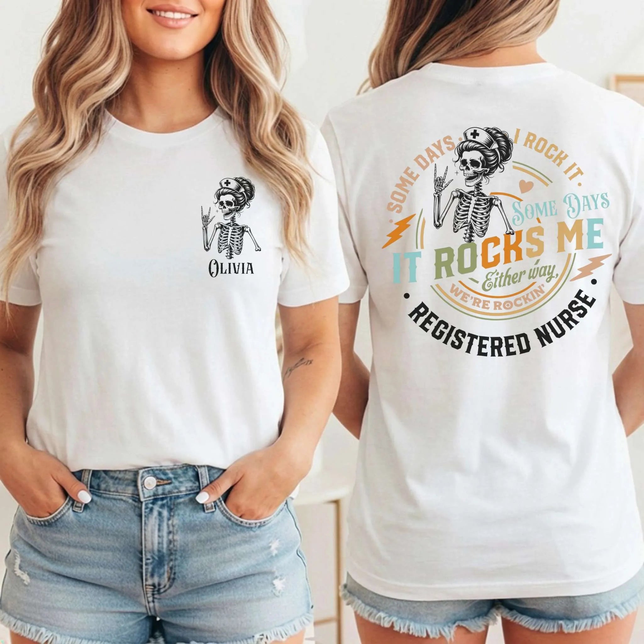 RN Registered Nurse Rocker Skeleton Personalized Nurse Tee