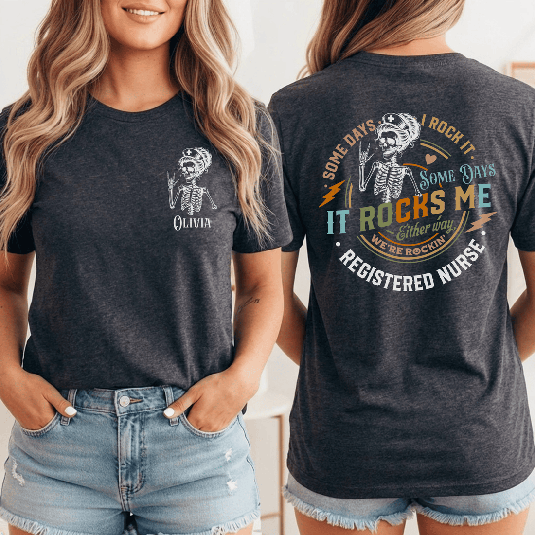 Nursehype RN Registered Nurse Rocker Skeleton Personalized Nurse Tee