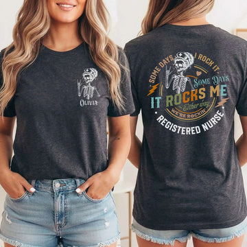 RN Registered Nurse Rocker Skeleton Personalized Nurse Tee
