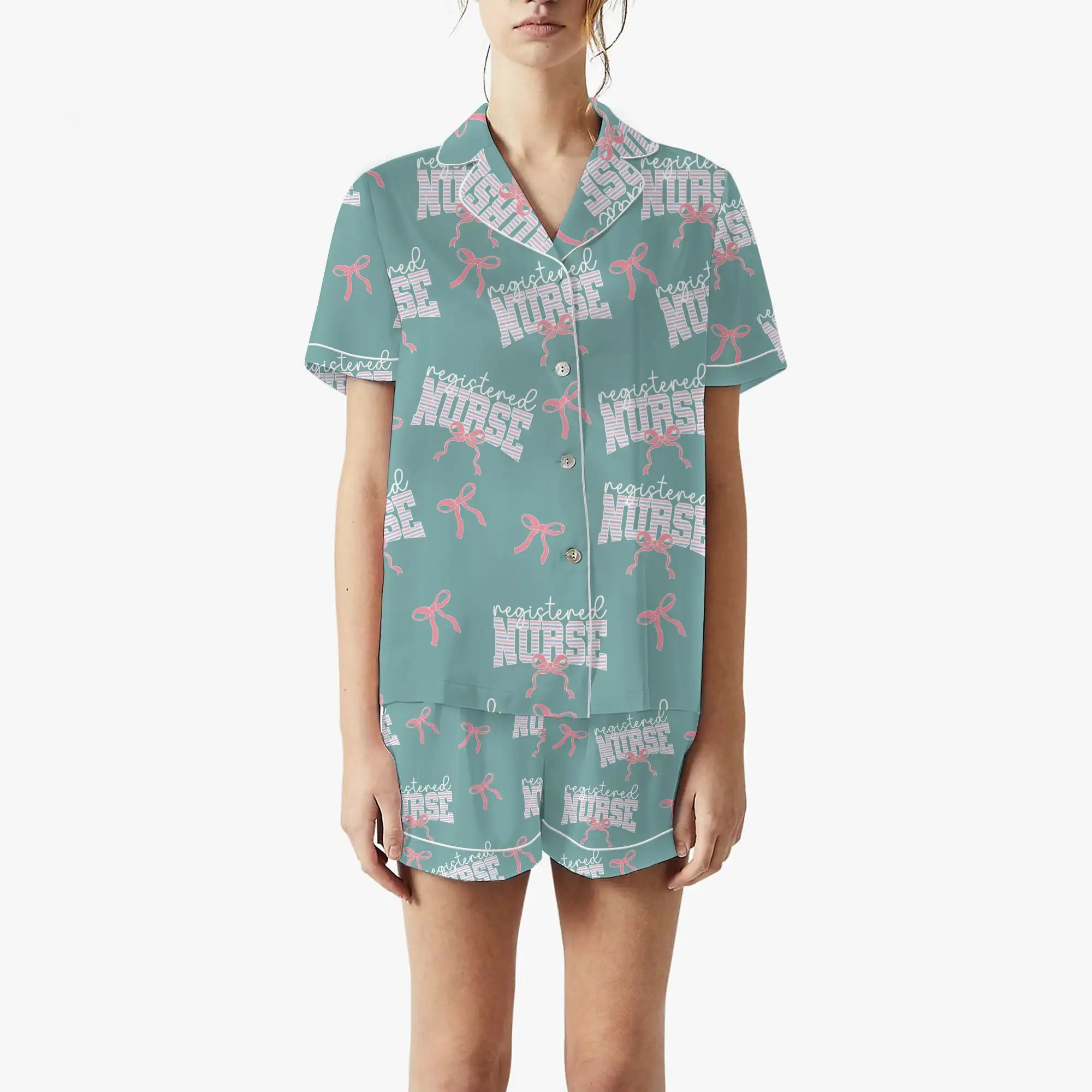 Nursehype Registered Nurse Stripe Pink Bow Satin Pajama Set