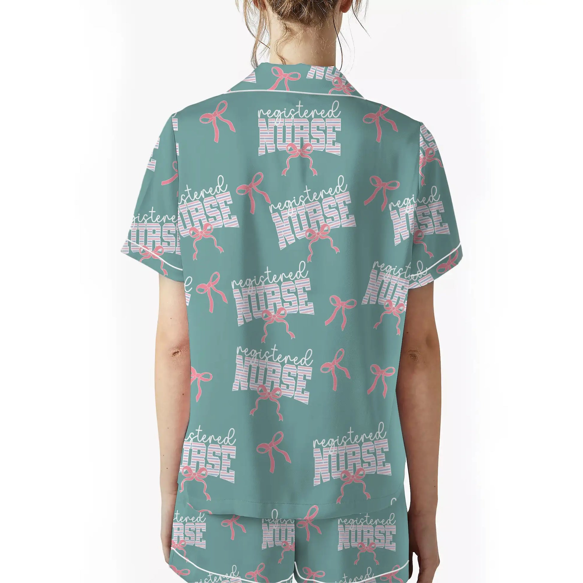 Nursehype Registered Nurse Stripe Pink Bow Satin Pajama Set