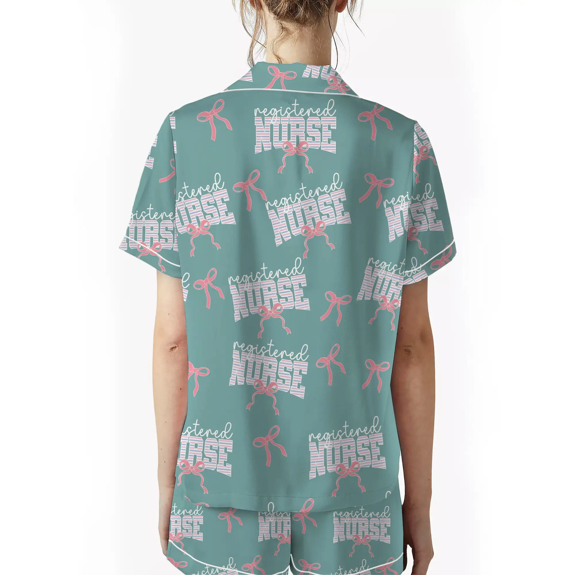 Nursehype Registered Nurse Stripe Pink Bow Satin Pajama Set