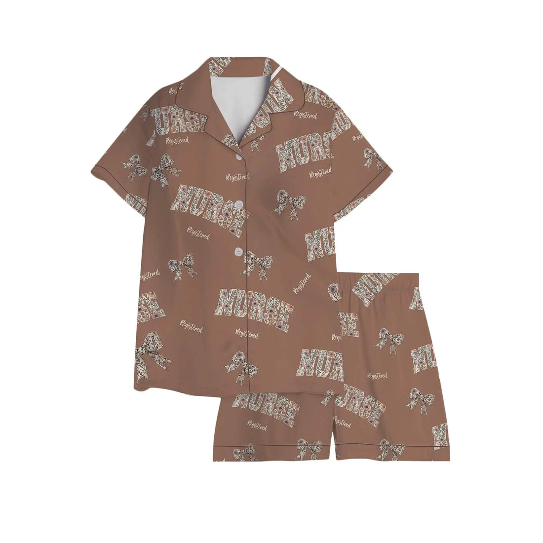 Nursehype Registered Nurse Wildflower Bow Brown Satin Pajama Set