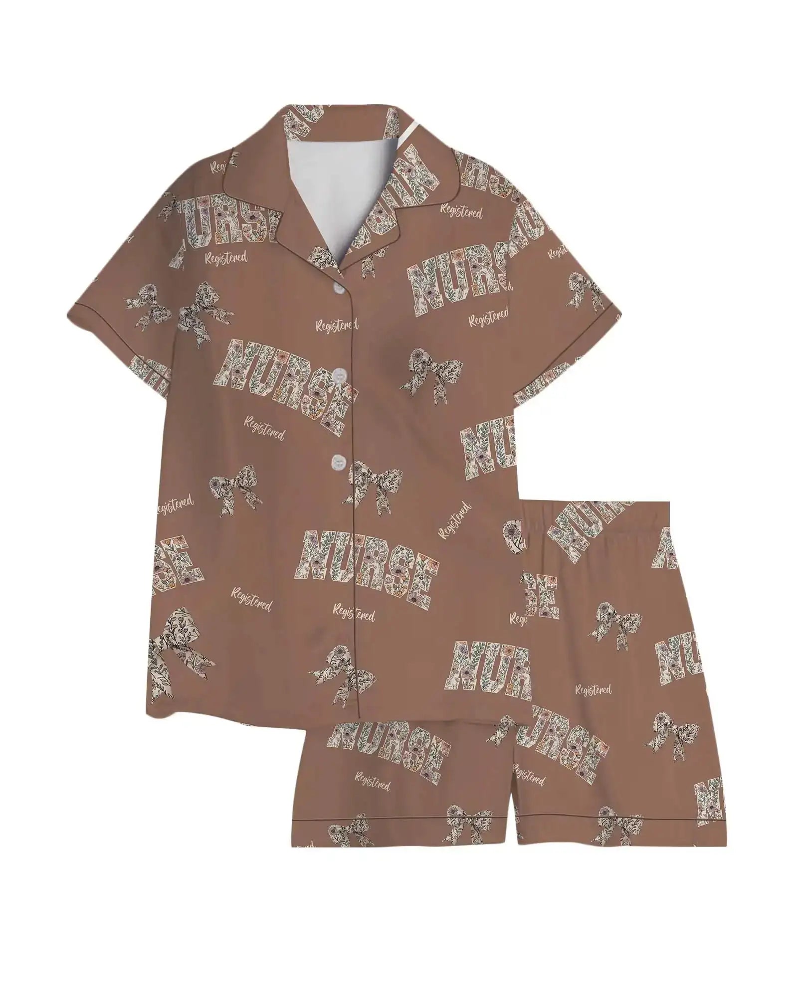 Registered Nurse Wildflower Bow Brown Satin Pajama Set