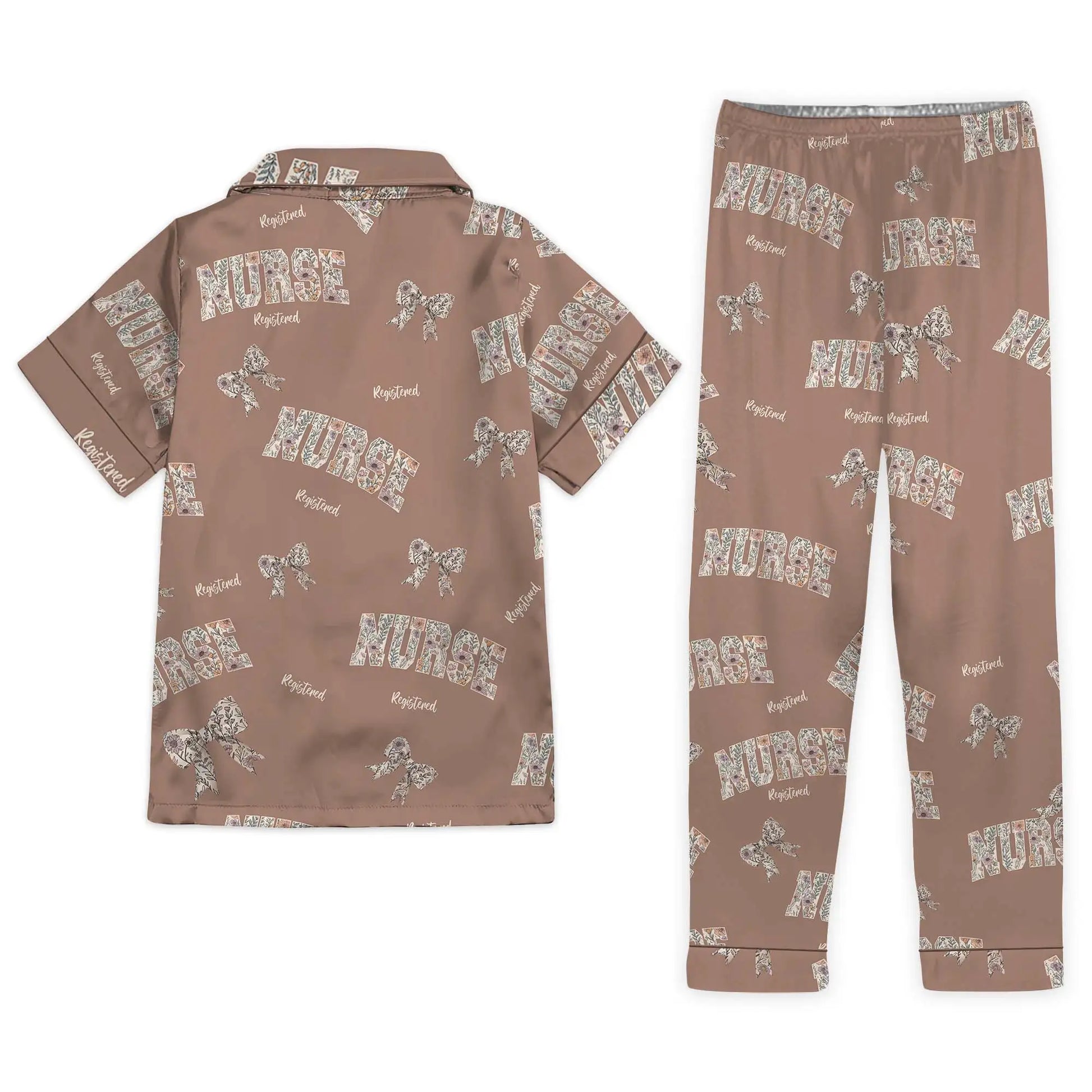 Nursehype Registered Nurse Wildflower Bow Brown Satin Pajama Set
