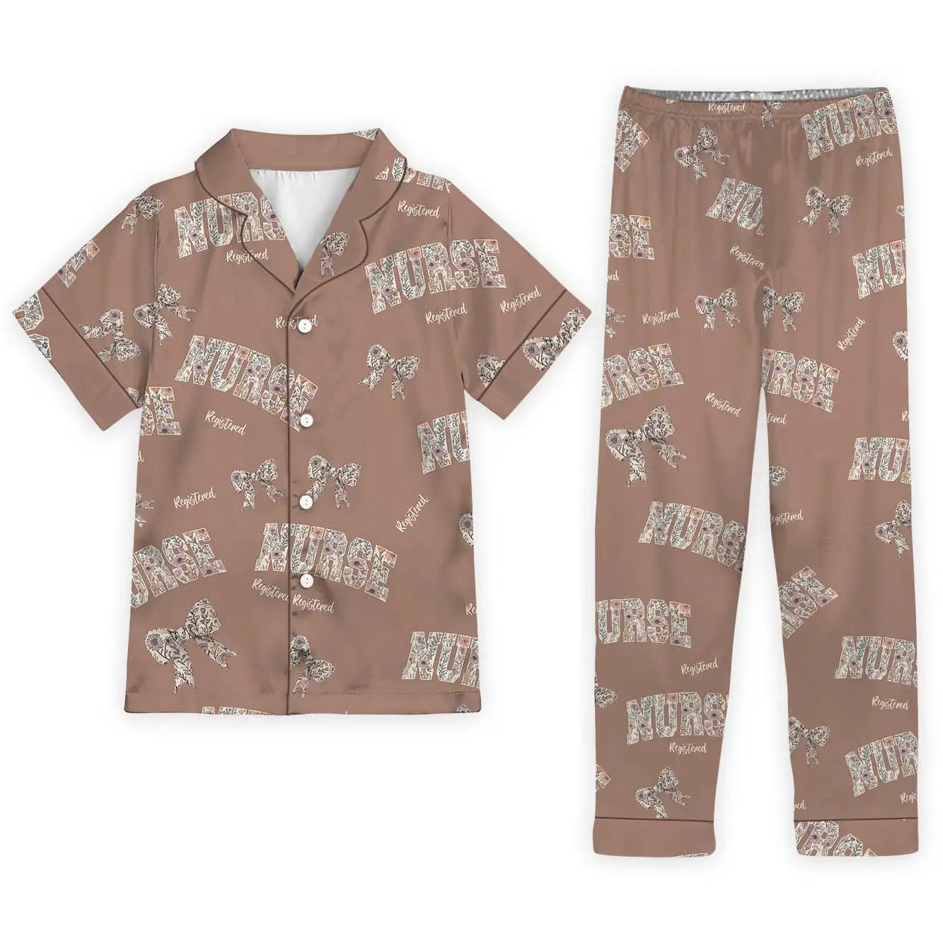 Nursehype Registered Nurse Wildflower Bow Brown Satin Pajama Set