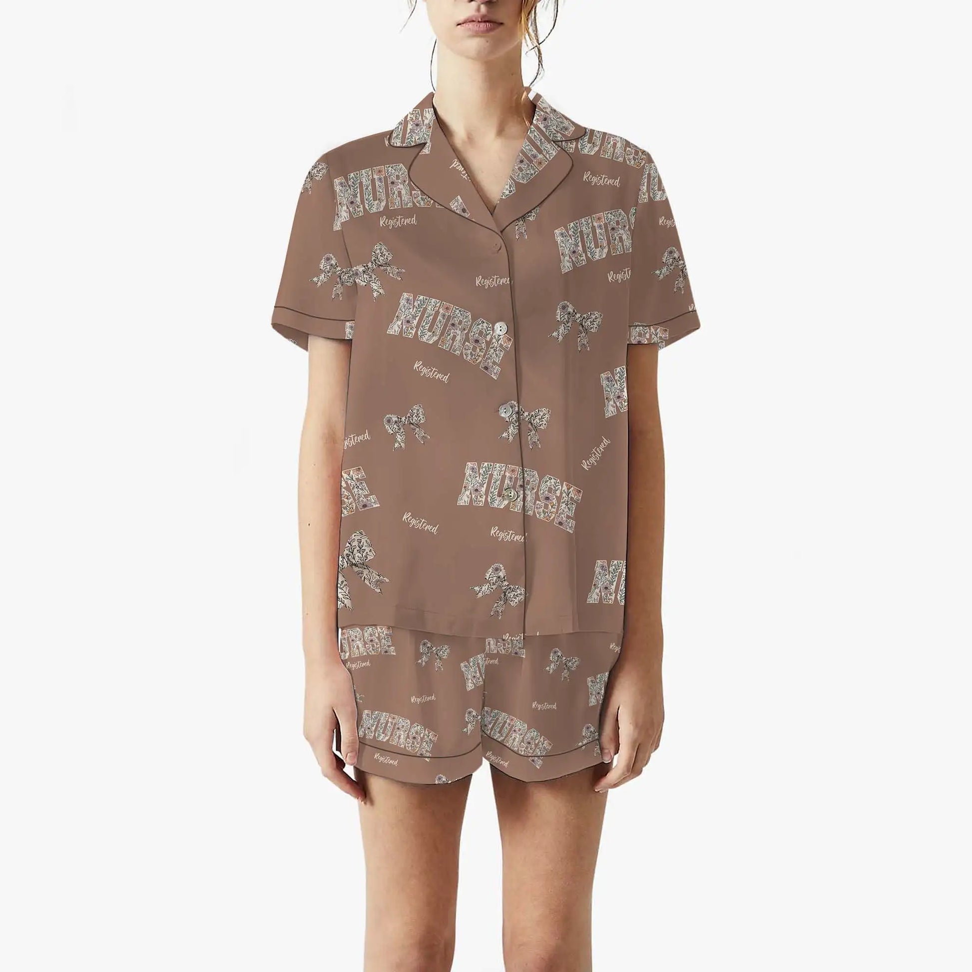 Nursehype Registered Nurse Wildflower Bow Brown Satin Pajama Set