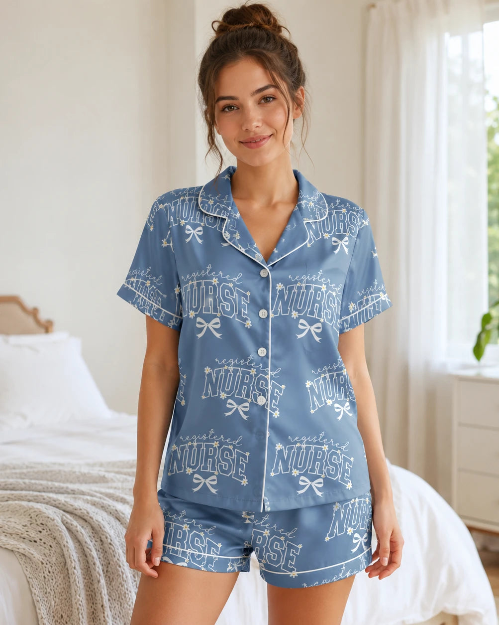 Registered Nurse Daisy Bow Steel Blue Satin Pajama Set