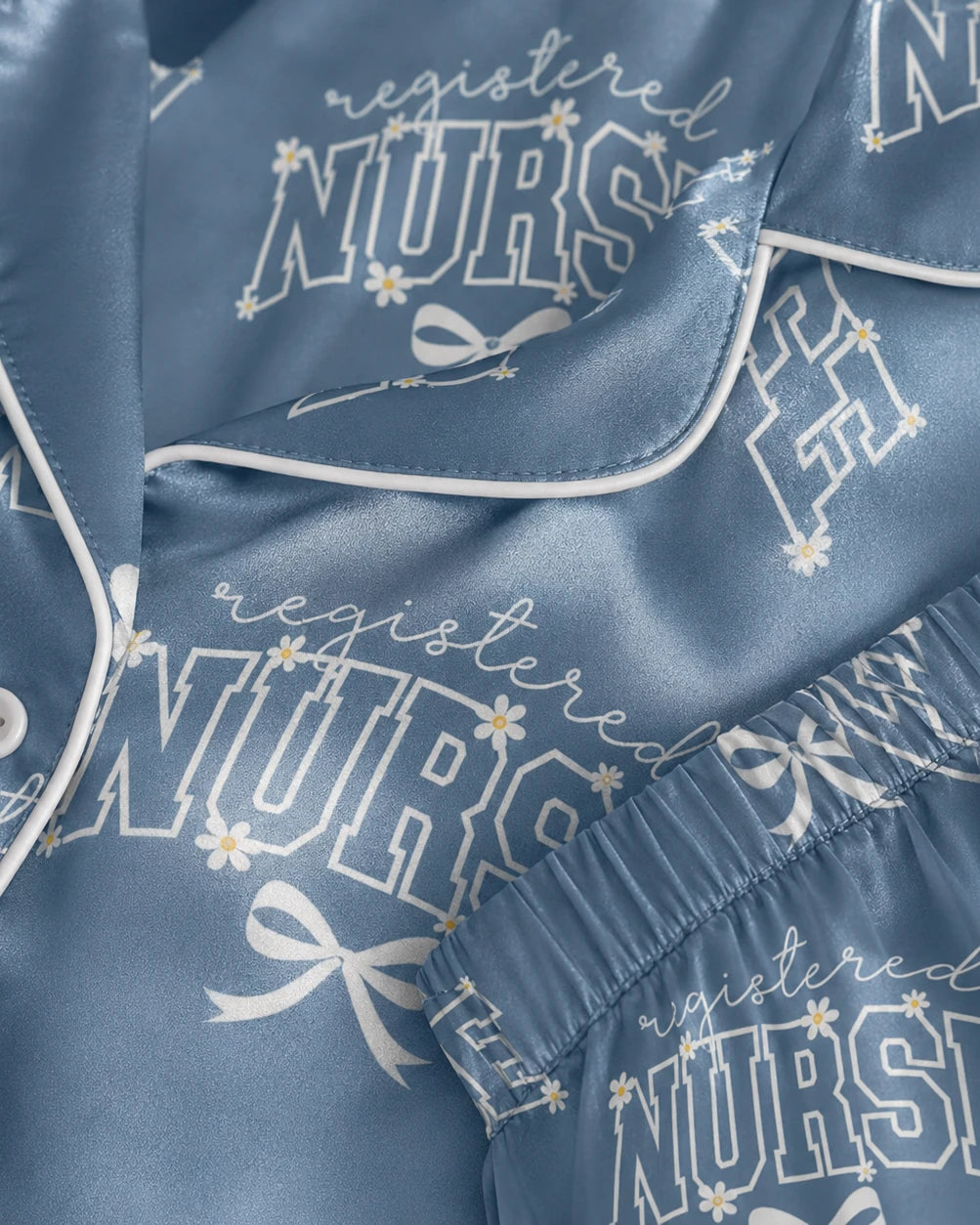 Registered Nurse Daisy Bow Steel Blue Satin Pajama Set