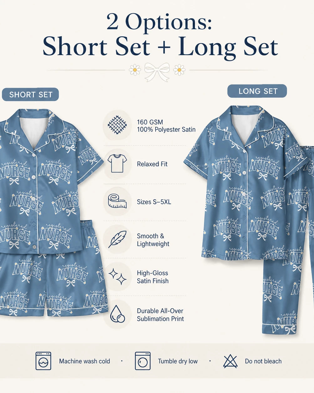 Registered Nurse Daisy Bow Steel Blue Satin Pajama Set