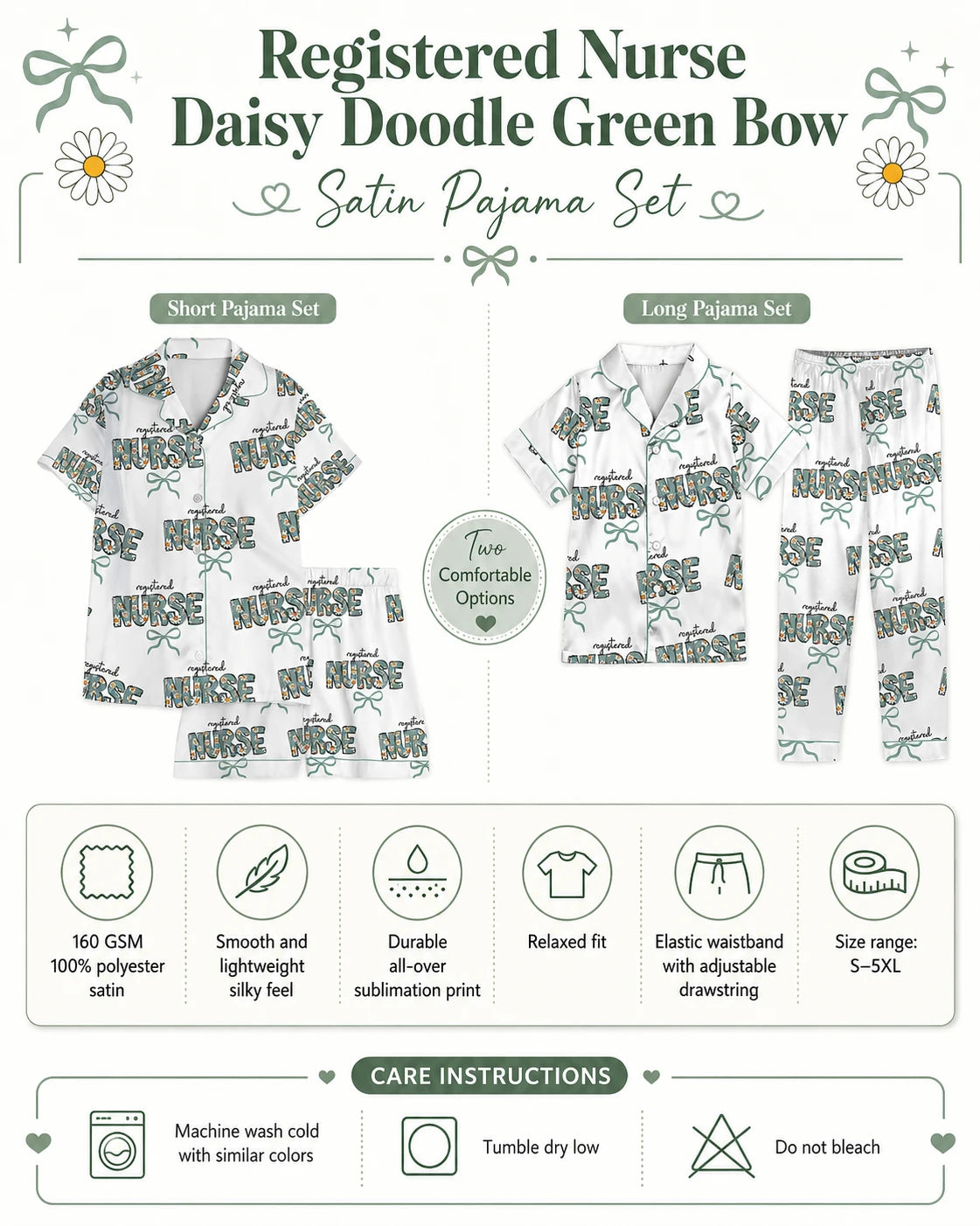Registered Nurse Daisy Doodle Green Bow Satin Pajama Set