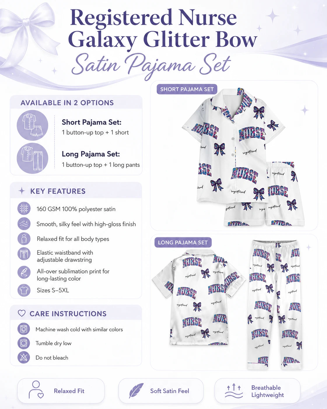Registered Nurse Galaxy Glitter Bow Satin Pajama Set
