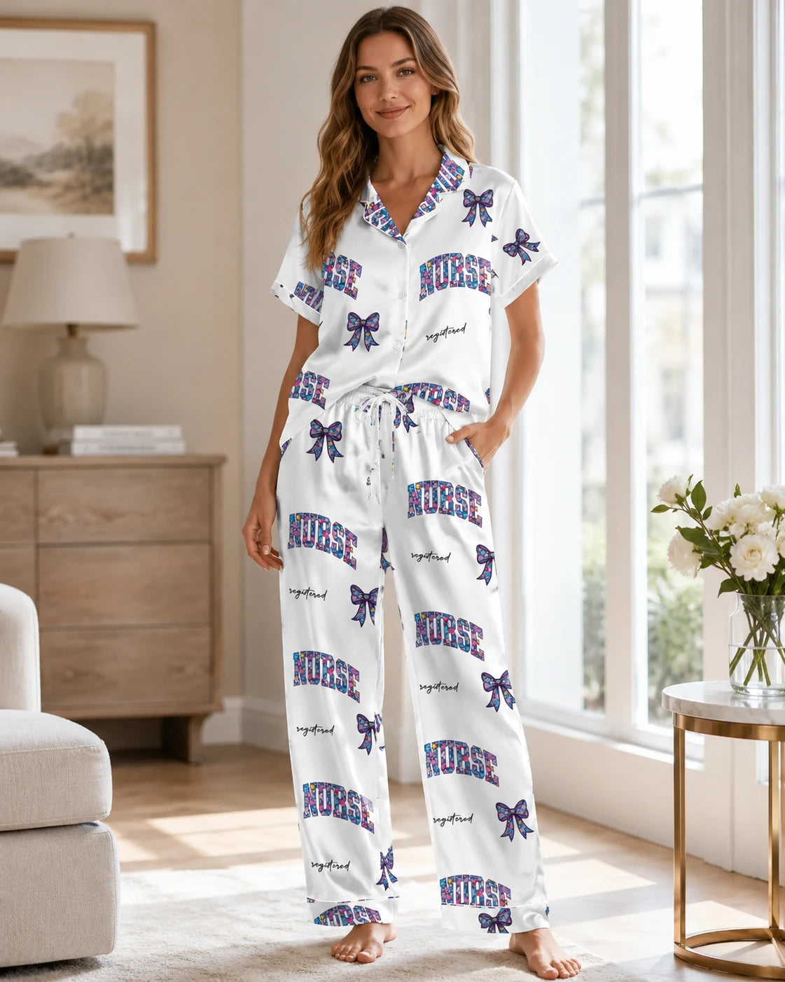 Registered Nurse Galaxy Glitter Bow Satin Pajama Set