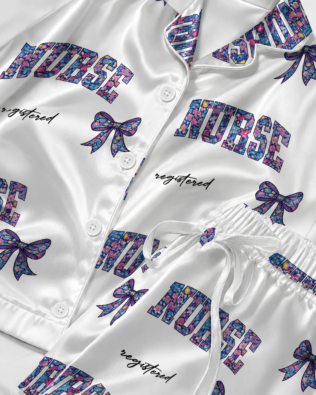 Registered Nurse Galaxy Glitter Bow Satin Pajama Set