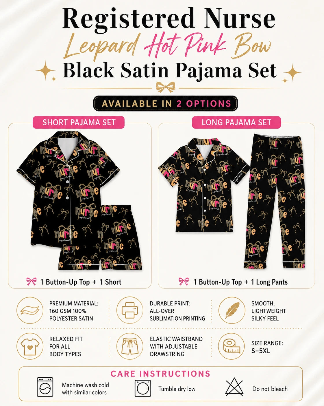 Registered Nurse Leopard Hot Pink Bow Black Satin Pajama Set