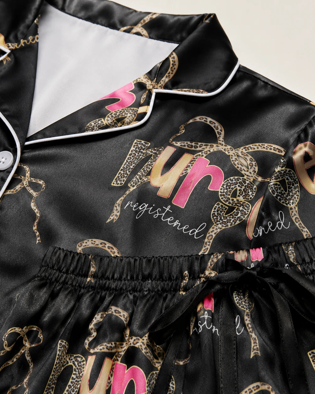 Registered Nurse Leopard Hot Pink Bow Black Satin Pajama Set