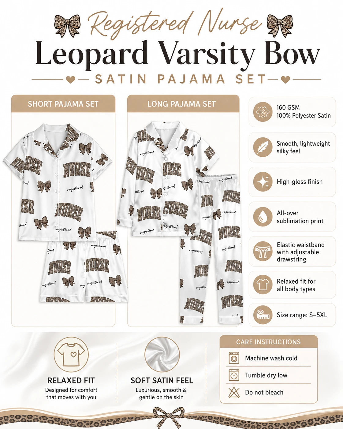 Registered Nurse Leopard Varsity Bow Satin Pajama Set