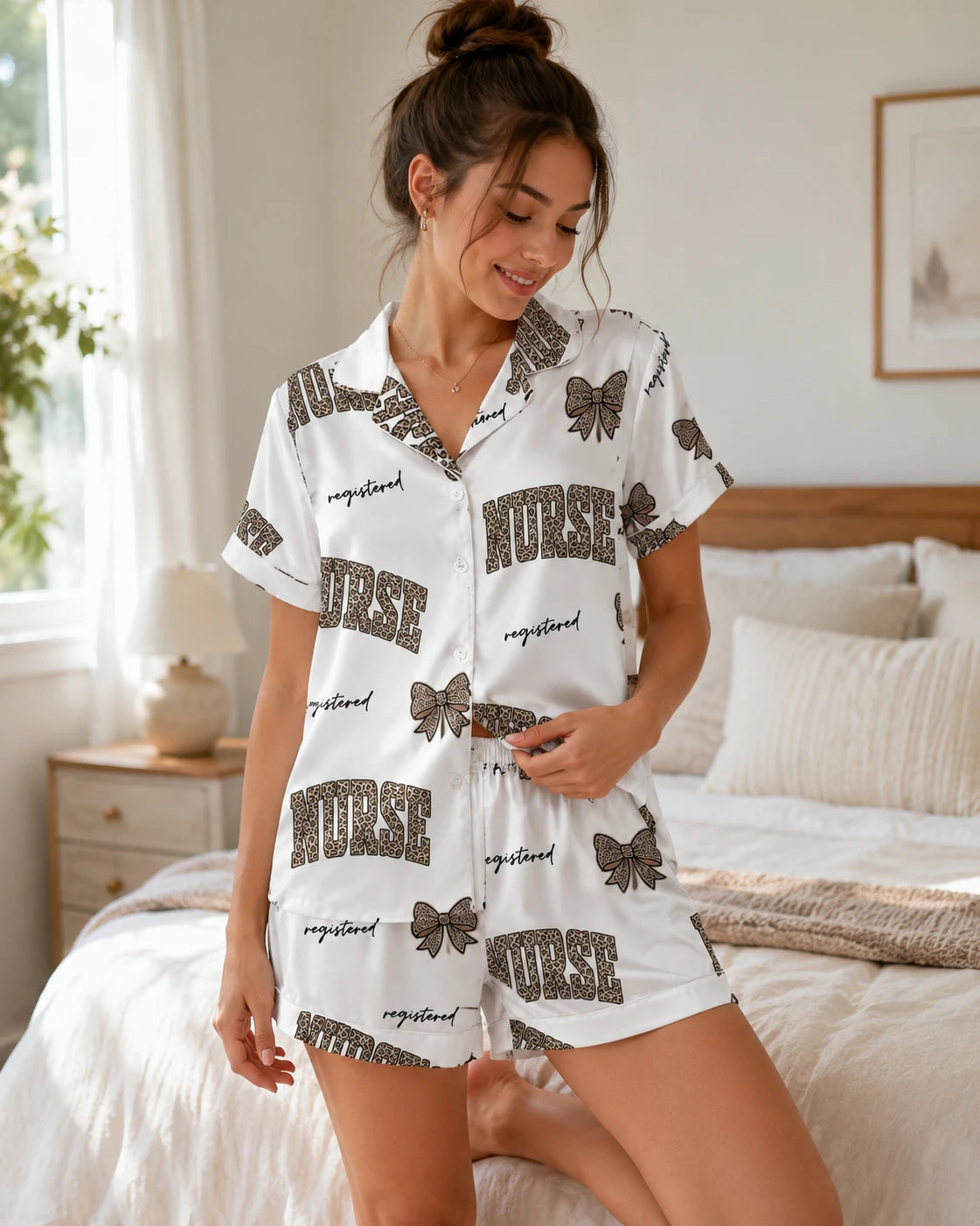 Registered Nurse Leopard Varsity Bow Satin Pajama Set