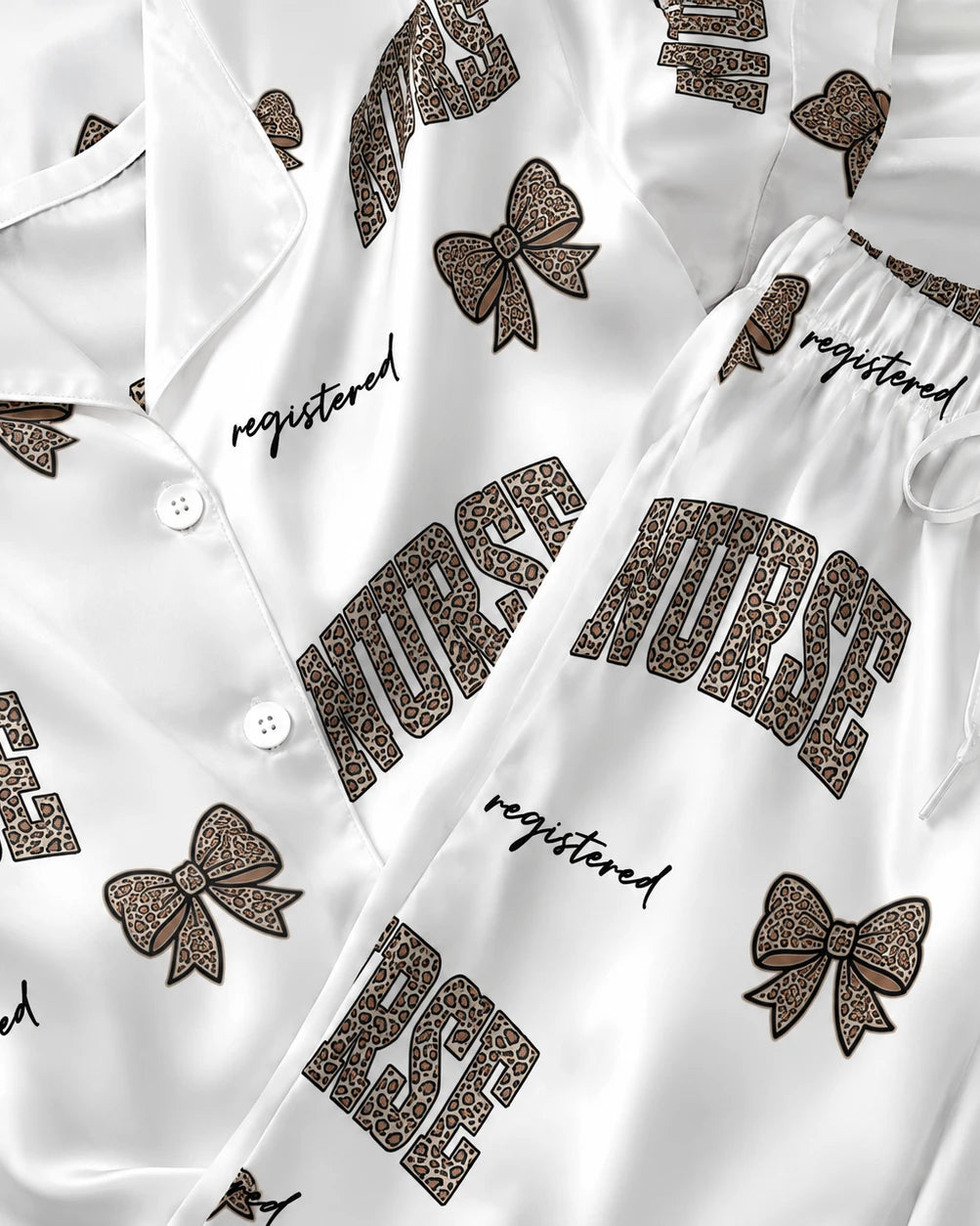 Registered Nurse Leopard Varsity Bow Satin Pajama Set