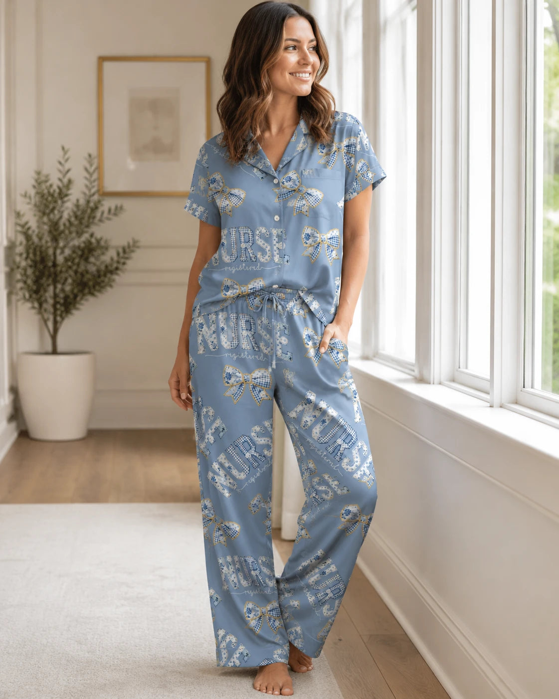 Registered Nurse Patchwork Gingham Bow Satin Pajama Set