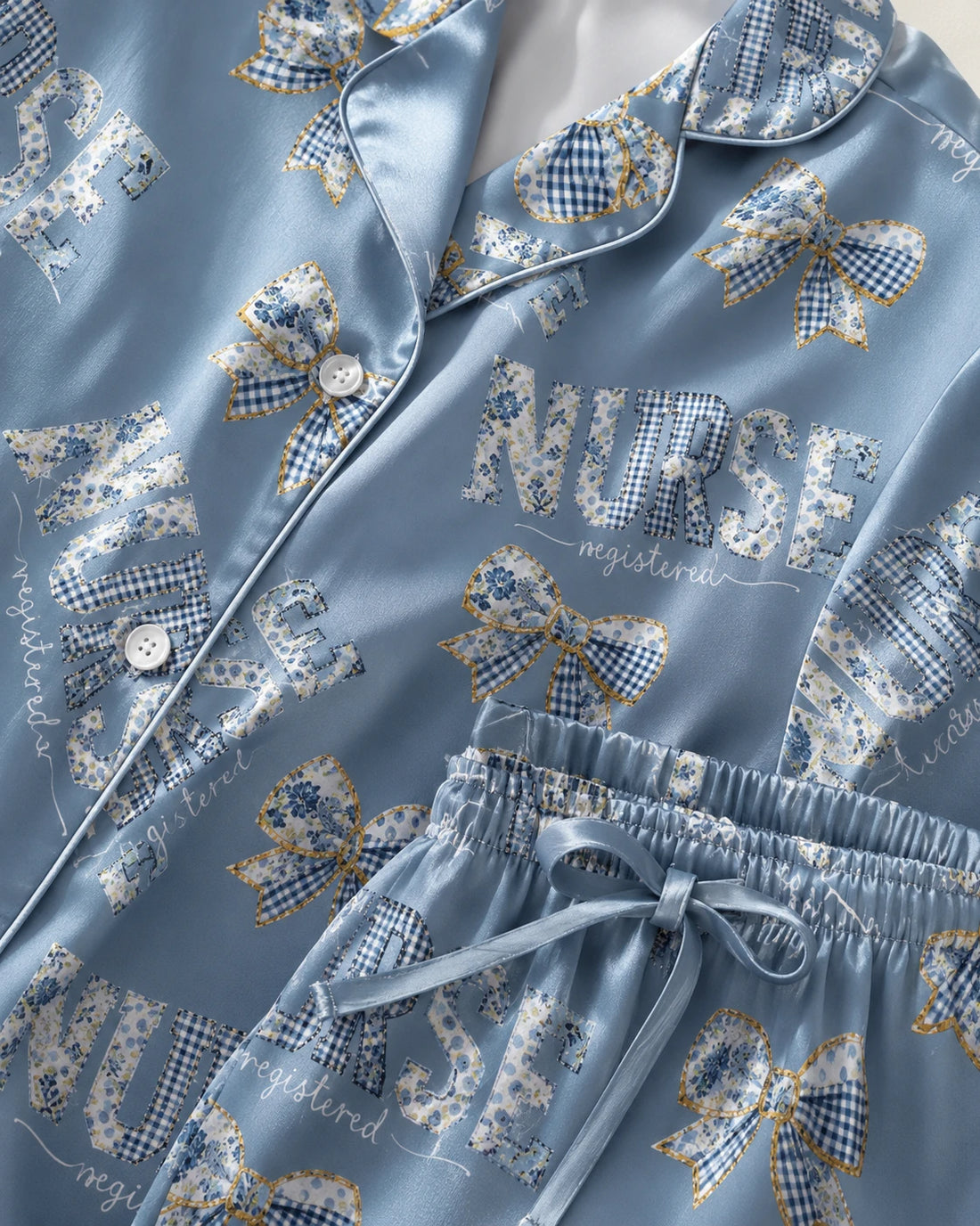 Registered Nurse Patchwork Gingham Bow Satin Pajama Set