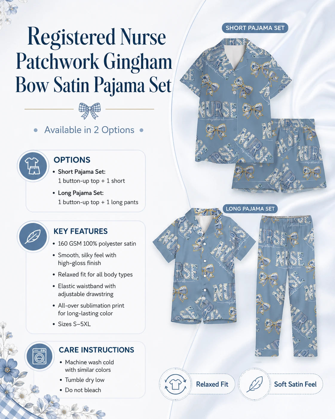 Registered Nurse Patchwork Gingham Bow Satin Pajama Set