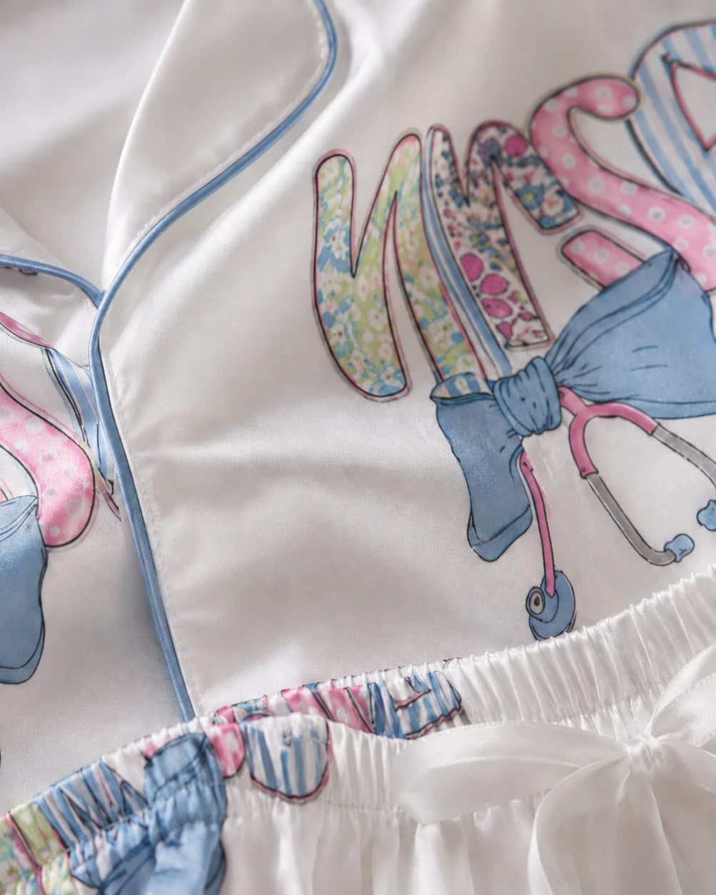 Registered Nurse Patchwork Stethoscope Blue Bow Satin Pajama Set