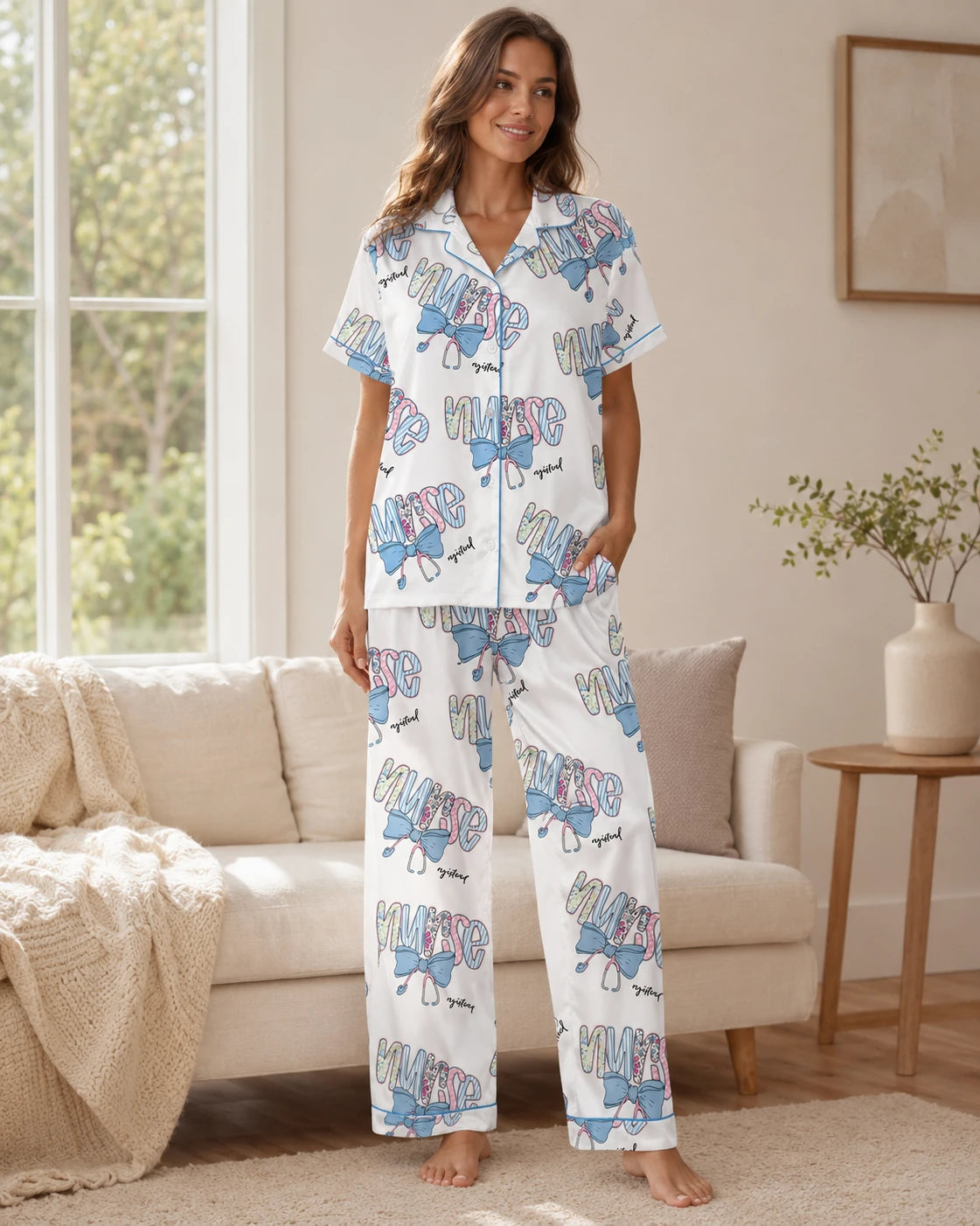 Registered Nurse Patchwork Stethoscope Blue Bow Satin Pajama Set