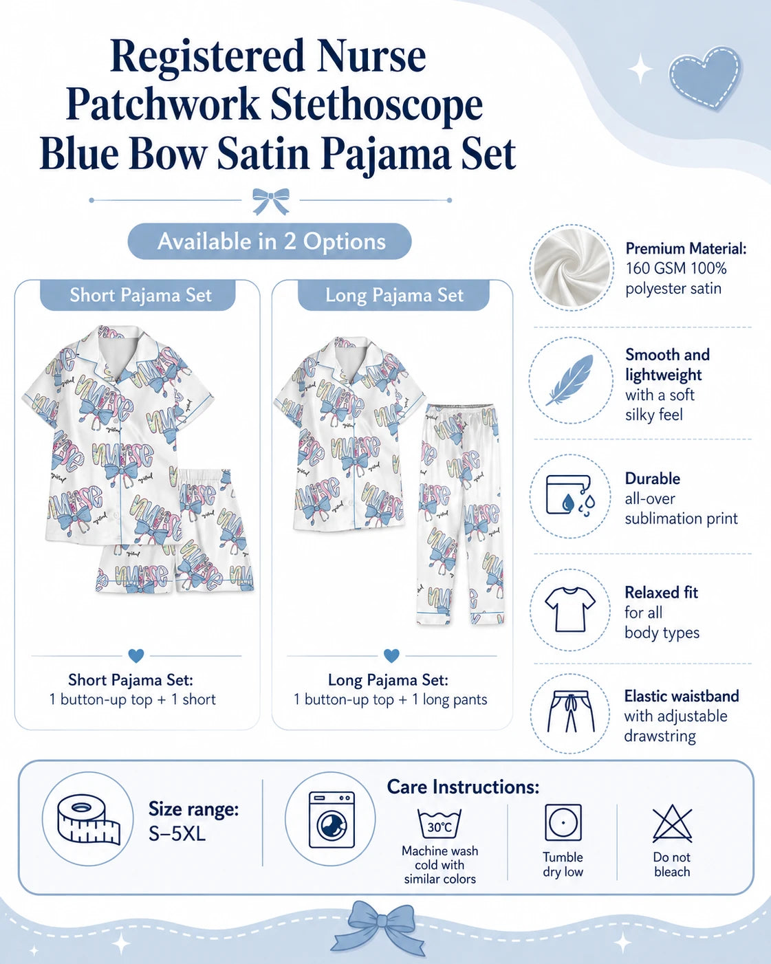 Registered Nurse Patchwork Stethoscope Blue Bow Satin Pajama Set