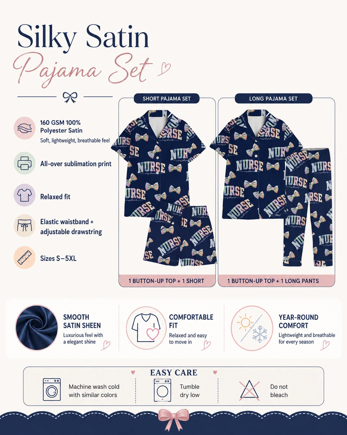Registered Nurse Patchwork Varsity Bow Satin Pajama Set