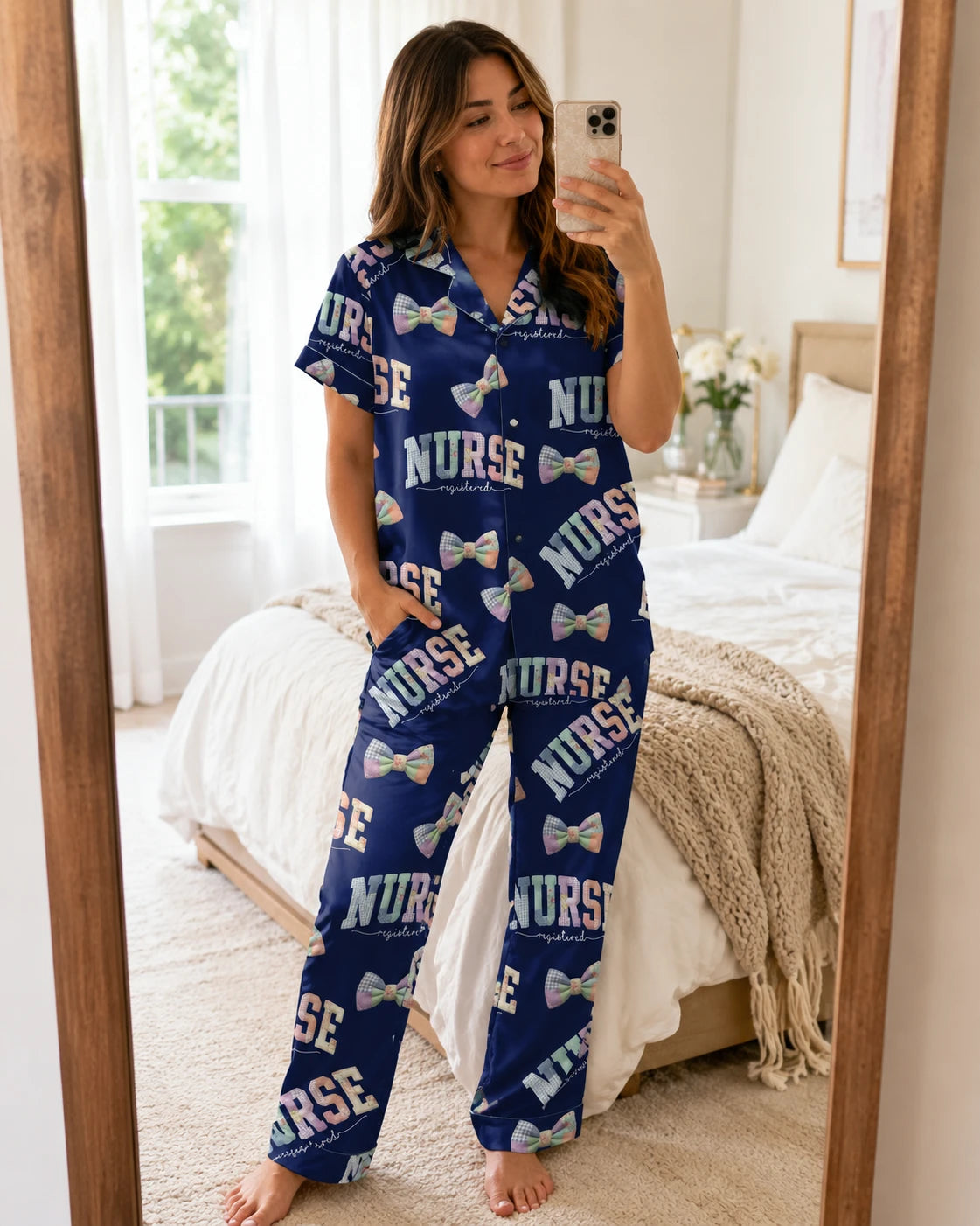 Registered Nurse Patchwork Varsity Bow Satin Pajama Set