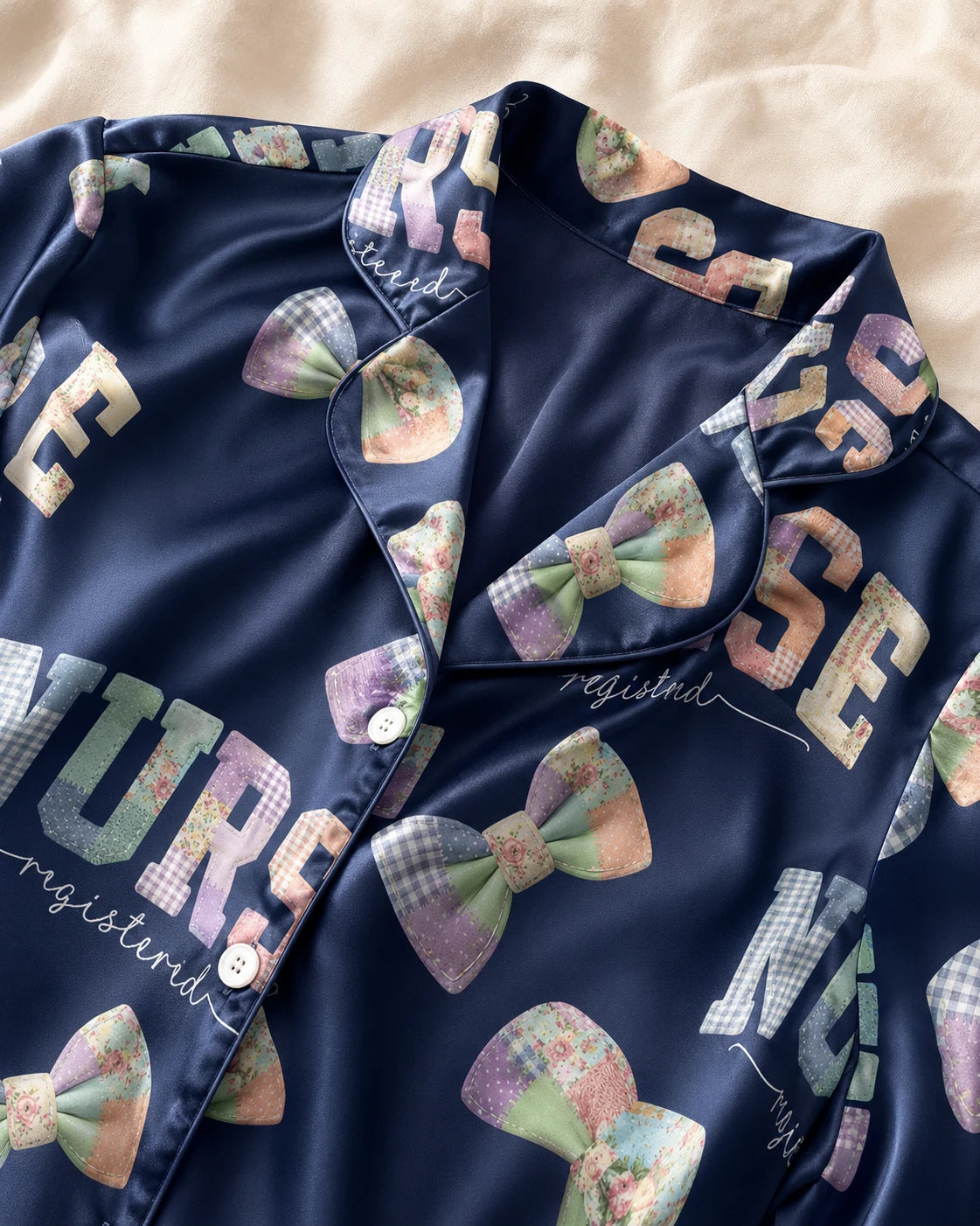Registered Nurse Patchwork Varsity Bow Satin Pajama Set